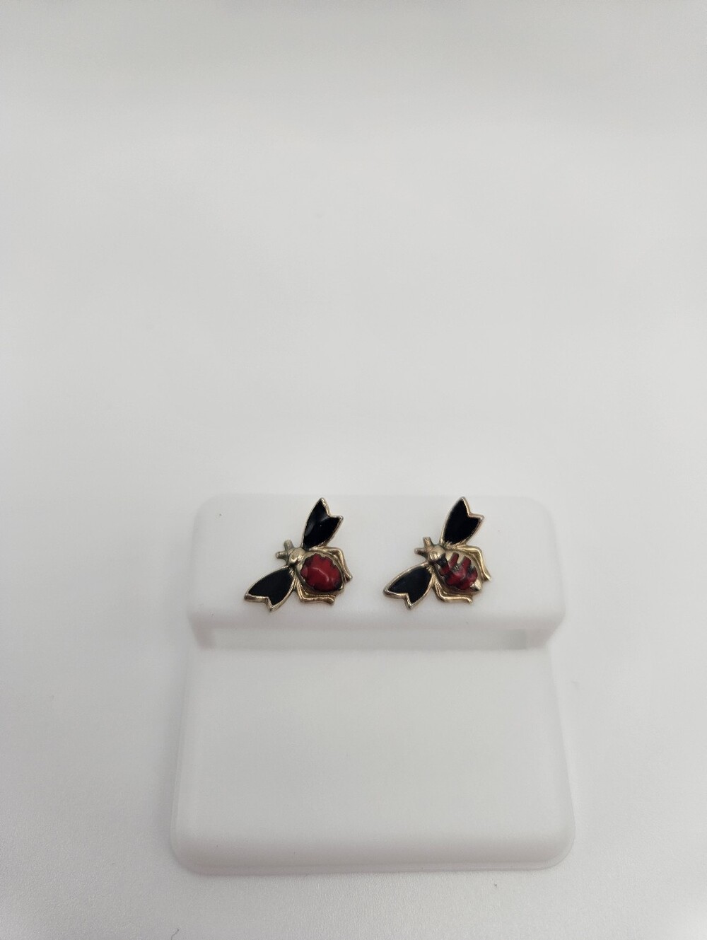 Gold Bee Stud Earrings with Red and Black Enamel Accents
